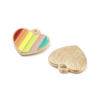 Light Gold Plated Alloy Enamel Charms,  Rainbow Color, Heart, 13x13x2mm, Hole: 1.6mm.  Sold Individually.