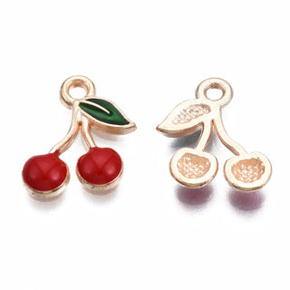 Alloy Enamel Charm, Cherry, Light Gold, Red, 13x12x2mm, Hole: 1.6mm