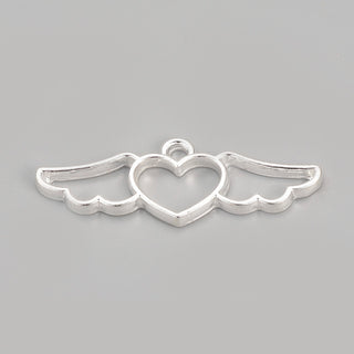 Rack Plating Alloy Open Back Bezel Pendants, Heart with Wing, Silver Color Plated, 13.5x39x2.5mm, Hole: 2.5mm(Packed 2)