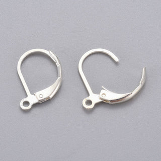 304 Stainless Steel Leverback Earring Findings, with Loop, Silver Color Plated, 15x10x1.5mm, Hole: 1.2mm, Pin: 1x0.8mm (Packed 10 Earwires/ 5 Pair)