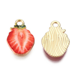 Charm.  Strawberry. Light Gold Plated Alloy Enamel,  Red, 18x12.5x3mm, Hole: 2mm.   (Sold Individually)