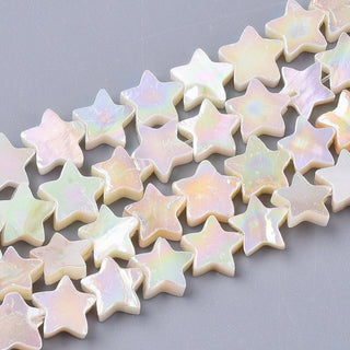 Freshwater Shell Beads Strands, AB Color Plated, Dyed, Star, Creamy White, 8~9x9x2~3mm, Hole: 0.8mm, *Approx 55 Beads.