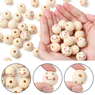 Natural Wood Beads, Large Hole Beads, Round with Smily Face, PapayaWhip, 19~20x17.5~18mm, Hole: 4.5mm, * 10 Beads