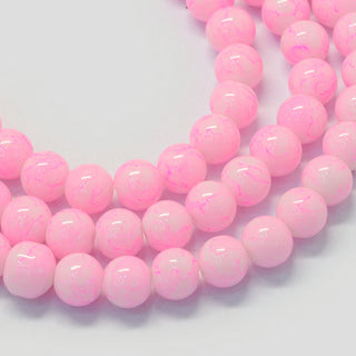 Baking Painted Glass Round Bead Strands, Palest Pink with Faint Pink Splatter Lines- Round