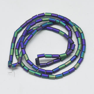 Electroplate Glass Beads Strands, Rainbow Plated, Frosted, Tube, Indigo, 4~5x2~3mm, Hole: 0.5mm, about 100pcs/strand.