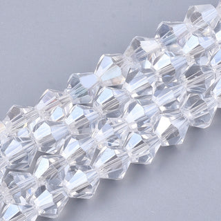 Bicone Beads Faceted.  Glass 8mm.   (Pearl Luster Finish over Clear).   (Approx 40 Beads)