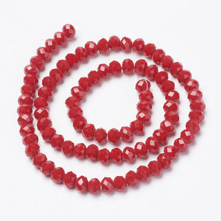 Opaque Solid Color Glass Beads Strands, Faceted, Rondelle, Fire Brick Red, 6x5mm, Hole: 1mm; (approx 90 Beads)