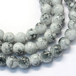Baking Painted Glass Round Bead Strands, White with Grey Splatter Lines- Round  (8mm)  *Approx 50 Beads