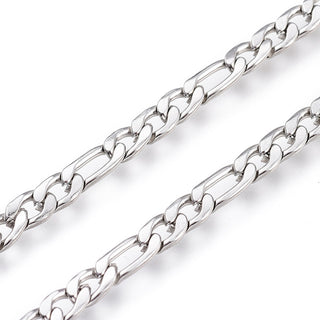 304 Stainless Steel Figaro Chain, Stainless Steel Color, Link: 9x4x0.8mm and 6.5x4x0.8mm,  *Sold by the Foot