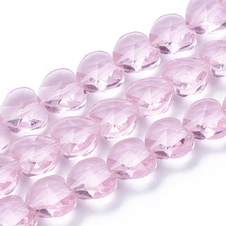 Transparent Glass Beads, Faceted, Heart, Pearl Pink, 14x14x8.5mm, Hole: 1mm, 10 beads.