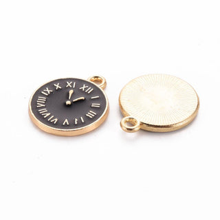Clock Alloy Enamel Charm, Black, 17x14.5x1.5mm, Hole: 1.5mm.  (Sold Individually)