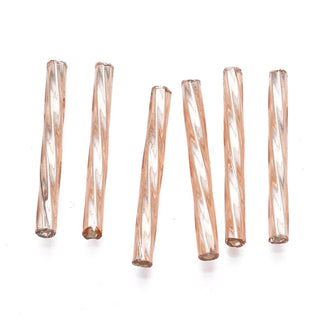 B02 Electroplate Opaque Glass Twisted Bugle Beads, Round Hole, Rose Gold Plated, 25~26x2.5mm, Hole: 1mm,. Approx 15 Grams.