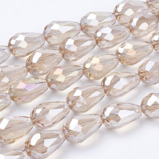 Glass Beads Strands, Crystal Suncatcher, Faceted, teardrop, Linen AB, 10mm  x 15mm long, hole: 1.5mm,(Approx 25 Beads) *Hole Top to Bottom