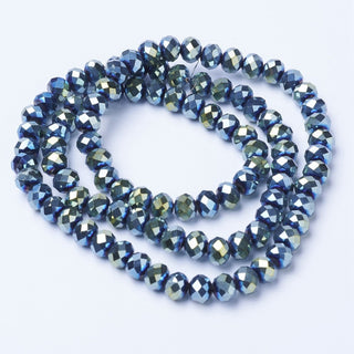 Electroplate Transparent Glass Beads Strands, Full Plated, Faceted, Rondelle, Green Plated, 4x3mm, Hole: 0.4mm, approx 125 Beads.