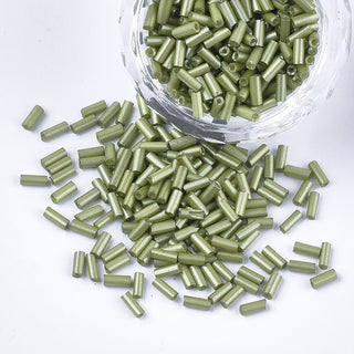Glass Bugle Beads, Round Hole, Opaque Olive Drab, 3~5x1.5~2mm, Hole: 0.8mm (approx 15gr)