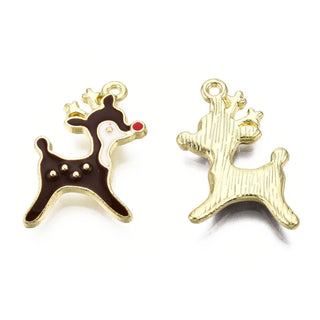 Golden Plated Alloy Enamel Pendants, Christmas Reindeer/Stag, Coconut Brown, 21x14x2mm, Hole: 1mm.  Sold Individually.