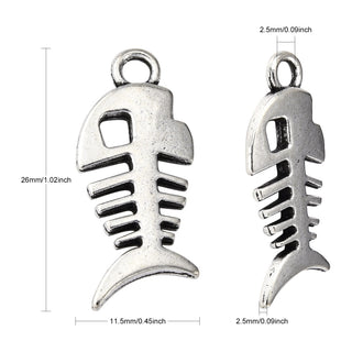 Fish Bone Metal Charm, Antique Silver Color, 26x11.5x2.5mm, Hole: 2.5mm.  Sold Individually.