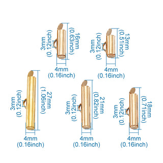 Brass Slide On End Clasp Tubes, Slider End Caps, Golden, 6x10~25x4mm, Hole: 1x3mm, 100pcs/set