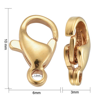 304 Stainless Steel Lobster Claw Clasps, Parrot Trigger Clasps.  24K Gold Plated, 3/8x1/4x1/8 inch(10x6x3mm), Hole: 1.2m.  Packed 10 Claspsm