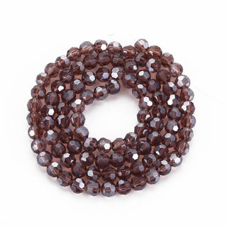 Electroplate Glass Bead Strands, Pearl Luster Plated, Faceted, Round, Saddle Brown, 4mm. (approx 100 beads per 15" Strand)