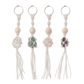 Cotton Thread Macrame Pouch Gemstone Tassel Keychain, with Wood Bead and 304 Stainless Steel Split Key Rings, 17.6~17.9cm. (See Drop Down for Gemstone selection). Sold Individually