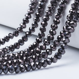 Electroplate Transparent Glass Beads Strands, Full Plated, Faceted, Rondelle, Gunmetal Plated, 4x3mm, Hole: 0.4mm, approx 125 Beads.