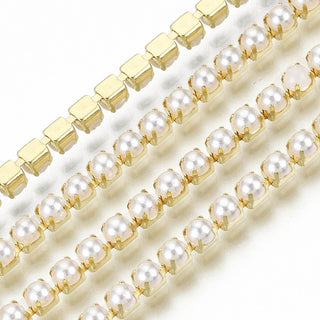 Brass Claw Chains, with ABS Plastic Imitation Pearl Beads, with Spool, Golden, SS8.5, 2.4~2.5mm *Sold by the Foot