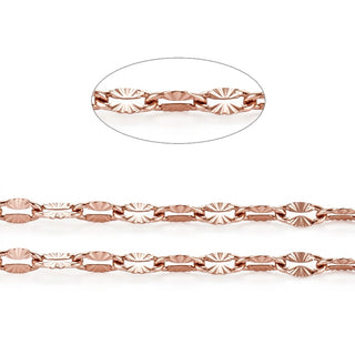Ion Plating(IP) 304 Stainless Steel Textured Dapped Chains, Cable Chains, Soldered, Flat Oval, Rose Gold, 4.2x2x0.2mm *Sold by the Foot