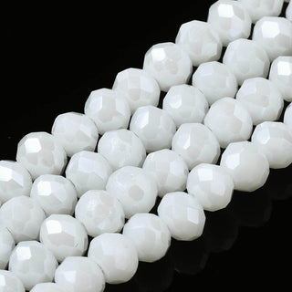 Electroplate Glass Beads Strands, Pearl Luster Plated, Faceted, Rondelle, White, 8x6mm, Hole: 1~1.4mm, approx 65 beads.