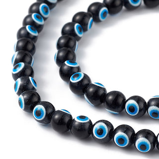 Glass Beads, Round with Evil Eye, Black, 6x5mm, Hole: 1.2mm.  Approx 60 Beads.