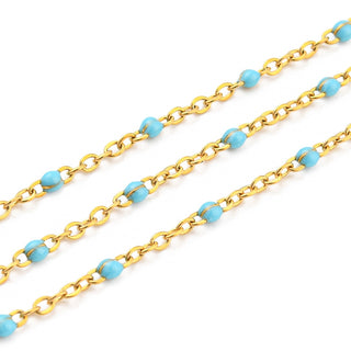 Hand Made Stainless Steel Chain.  Soldered, Golden Color with Light Sky Blue Enamel Embellishment.  2 x 1.6 x 0.2mm.   *Sold by the Foot