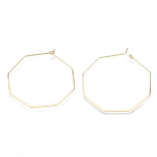 Brass Hexagon Hoop Earring Findings, Wine Glass Charms Findings Real 18K Gold Plated, 52x51x1mm, Pin: 0.8mm.  (Per Pair)