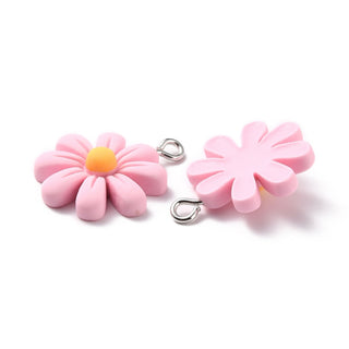 Resin Charm, with Platinum Iron Peg Bail, Flower, Pink, 25x20.5x6mm, Hole: 2mm. Sold Individually.