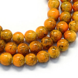 Baking Painted Glass Round Bead Strands, Orange with Brown/Black Splatter Lines- Round (Approx 50 Beads)