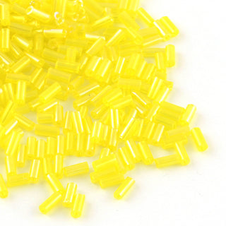 AB Color Plated Glass Bugle Beads, Transparent Colours Rainbow, Yellow, 4~4.5x2mm, Hole: 1mm, (approx 15gr)
