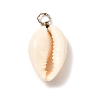 Natural Cowrie Shell Pendants, Shell Charm with Eco-Friendly Copper Wire, Platinum, 24~30x14~17x5~9mm, Hole: 4mm.  (Sold individually)