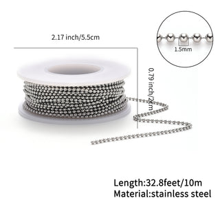 304 Stainless Steel Ball Chains and Ball Chain (20) Connectors Set, Stainless Steel Color, 1.5mm, about 10m/roll  (FULL ROLL!)