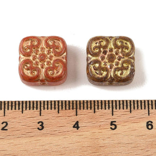 Baking Paint Glass Beads, Metal Enlaced, Mixed Color, Square, 13.5x13.5x6.5mm, Hole: 1.2mm.  (packed 10 Beads)