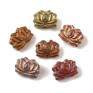 Baking Paint Glass Beads, Metal Enlaced, Mixed Color, Lotus, 11x15x6.5mm, Hole: 1.2mm.  (10 Lotus Flower beads)