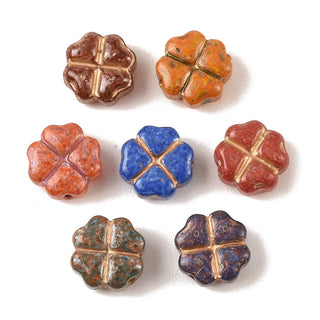 Baking Paint Glass Beads, Metal Enlaced, Mixed Color, Clover, 10x10x5mm, Hole: 1mm.  (15 Beads)