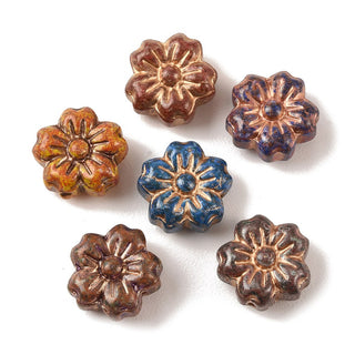 Baking Paint Glass Beads, Metal Enlaced, Random Mixed Colors, Flower, 14x14x6.5mm, Hole: 1.2mm. (10 Beads)
