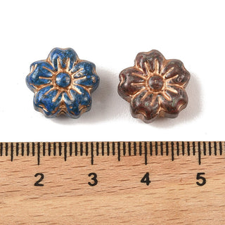 Baking Paint Glass Beads, Metal Enlaced, Random Mixed Colors, Flower, 14x14x6.5mm, Hole: 1.2mm. (10 Beads)