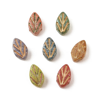 Baking Paint Glass Beads, Metal Enlaced, Mixed Color, Leaf, 17.5x10.5x3.5mm, Hole: 1mm.  (Packed 15 Beads)