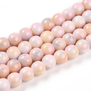Glass Round Bead Strands, (Looks like porcelain!)  Shades of Pink, Yellow and Lavender Splash *See Size Options.  (15.5" Strand)