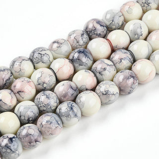 Glass Round Bead Strands, (Looks like porcelain!)  Shades of Blue and Faint Pinky Peach Splash,  *See Size Options.