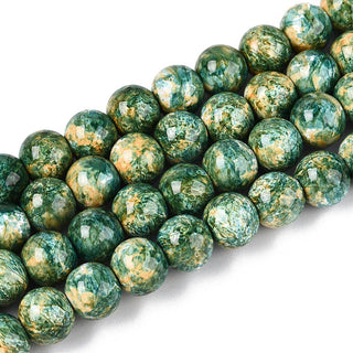 Baking Paint Glass Beads.  Round.  Mottled Medium Sea Green & Yellow Cream.   (See Size Options)