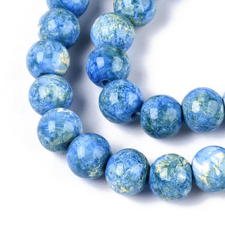 Baking Paint Glass Beads.  Round.  Mottled Deep Sky Blue  & Cream.   (See Size Options)
