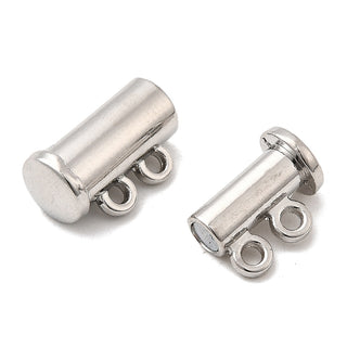 Brass Slide Lock Clasps, Magnetic, Column, 2-Strand, 4-Hole, Genuine Premium Platinum Plating, 15x10.5x6.5mm, Hole: 1.5mm.  (Sold Individually)