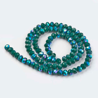 Electroplate Opaque Glass Beads Strands, Half Rainbow Plated, Faceted, Rondelle, Teal, 4x3mm, Hole: 0.4mm.  (approx 110 Beads)