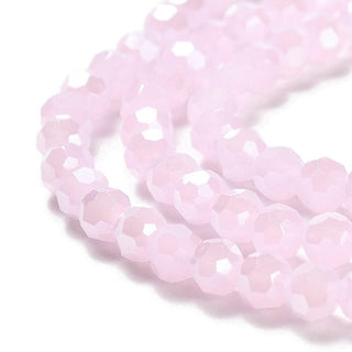 Electroplate Glass Beads Strands, Faceted(32 Facets), Pearl Luster Plated, Round, Pearl Pink, 4mm, Hole: 0.7mm, about 87~93pcs/stran